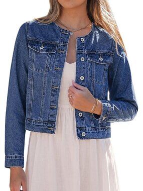 Women's Classic Blue Collarless Button Down Long Sleeve Casual Denim Jackets